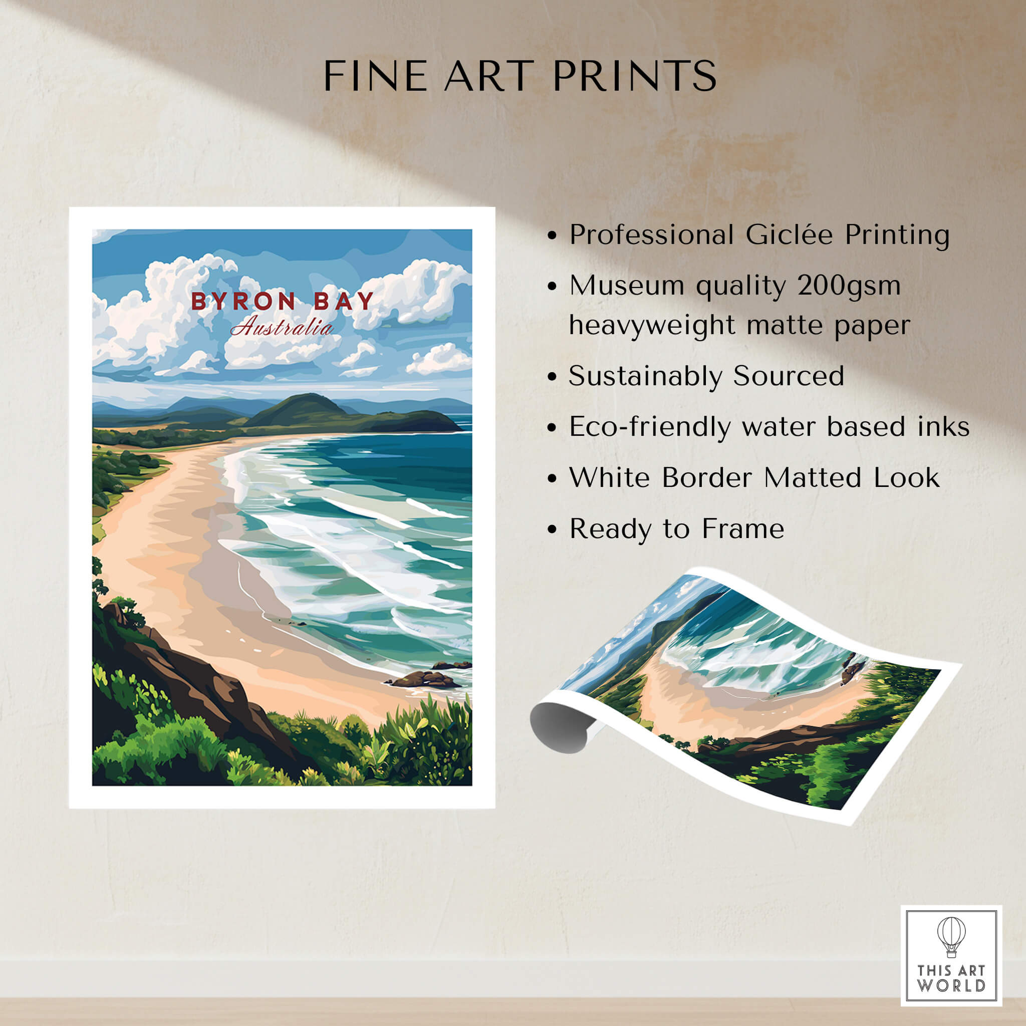 Byron Bay Beach Print - Australia Wall Art showcasing professional Giclée printing and eco-friendly materials.
