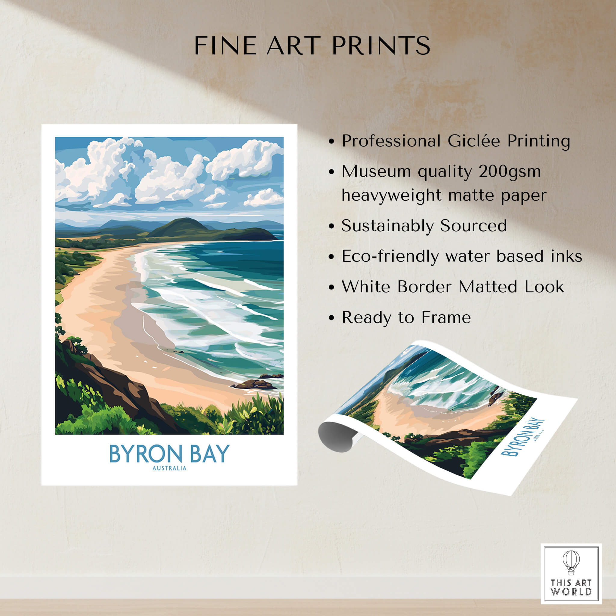 Byron Bay Wall Art Print Australia featuring a scenic beach landscape with lush greenery and mountains.