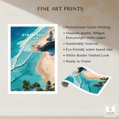 Byron Bay Art Print featuring aerial view of coastline with turquoise waters and white sandy beaches, ready to frame.