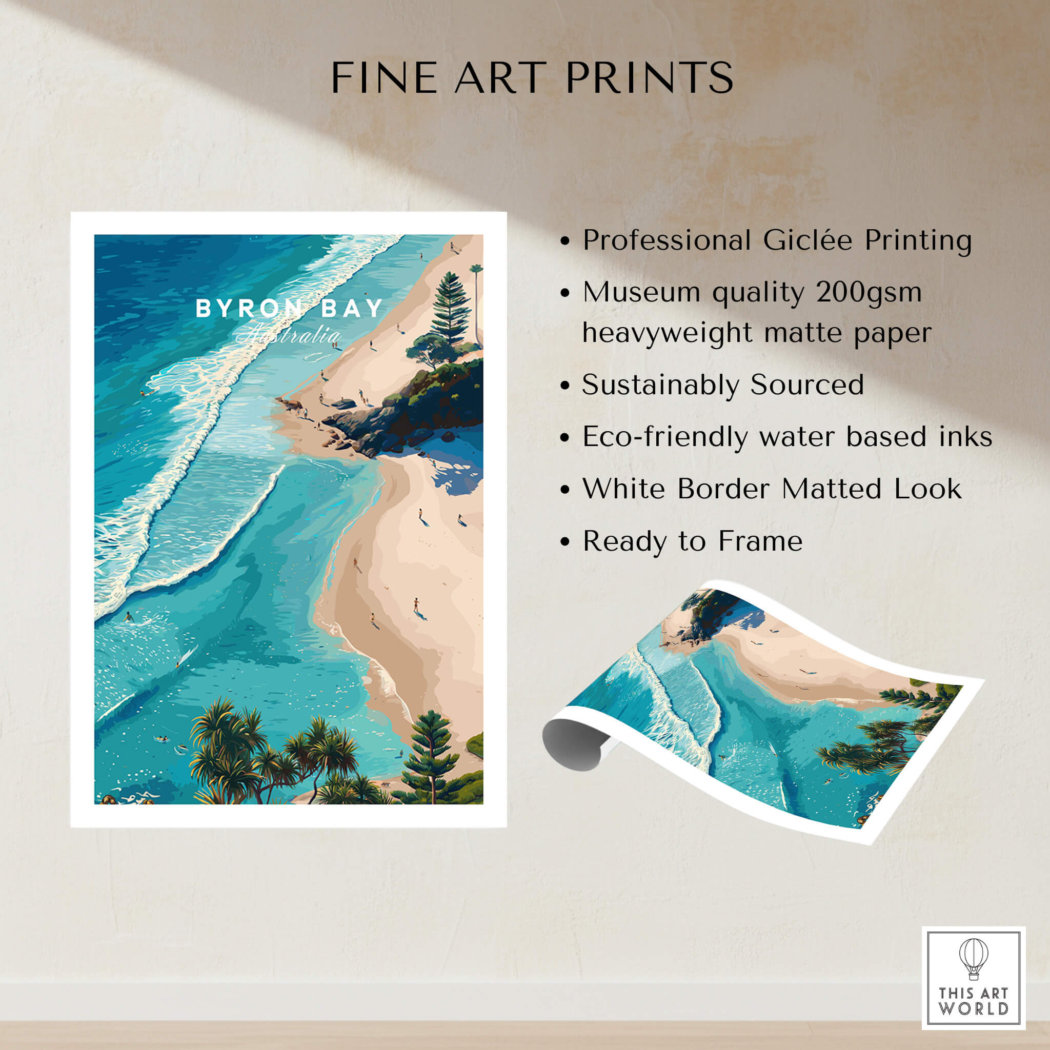 Byron Bay Art Print featuring aerial view of coastline with turquoise waters and white sandy beaches, ready to frame.