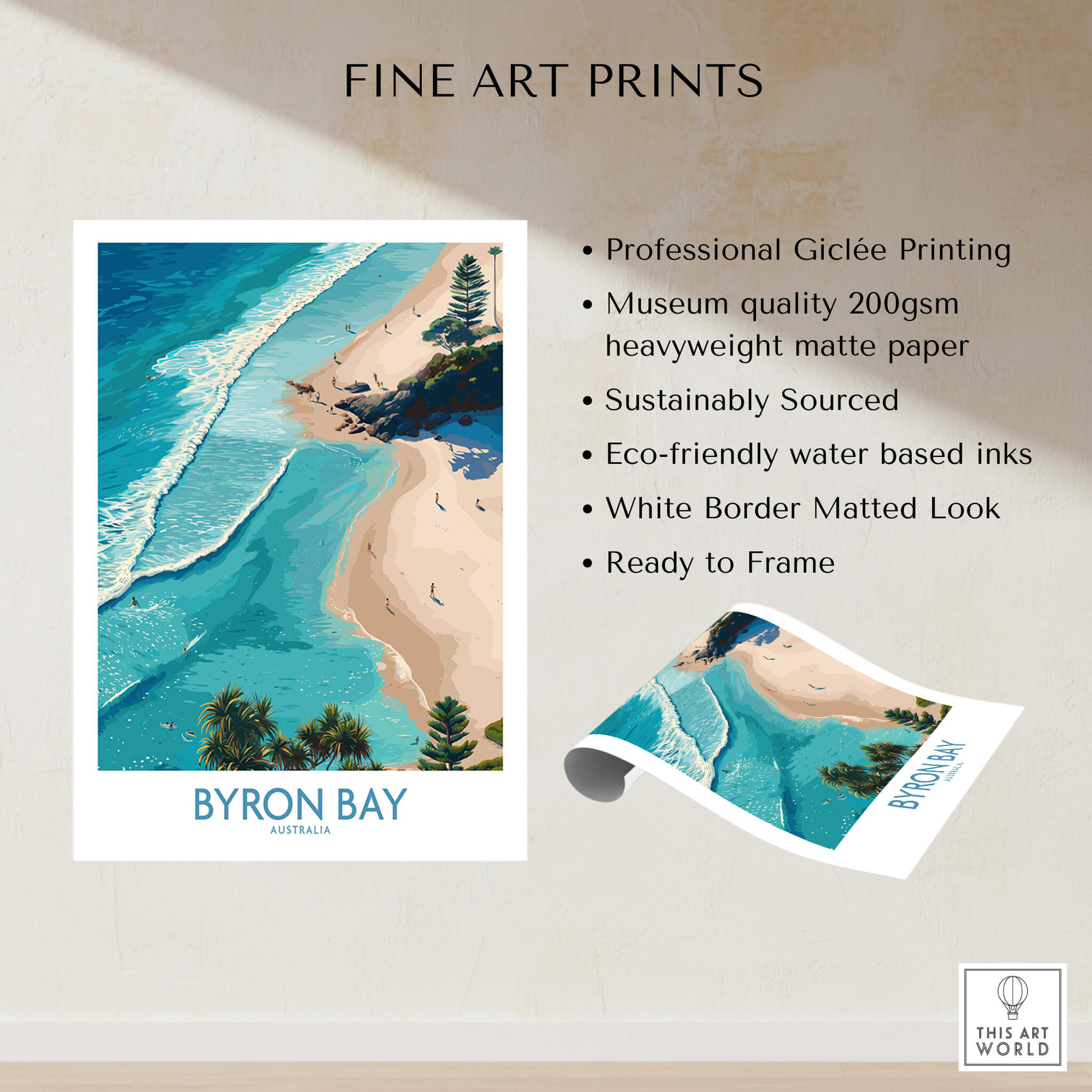 Byron Bay Beach Australia Canvas Art Print showcasing aerial view of turquoise waters and sandy beaches.