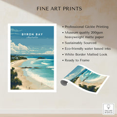 Byron Bay Poster - Canvas Beach Print showcasing ocean waves, beaches, and a blue sky with eco-friendly features.
