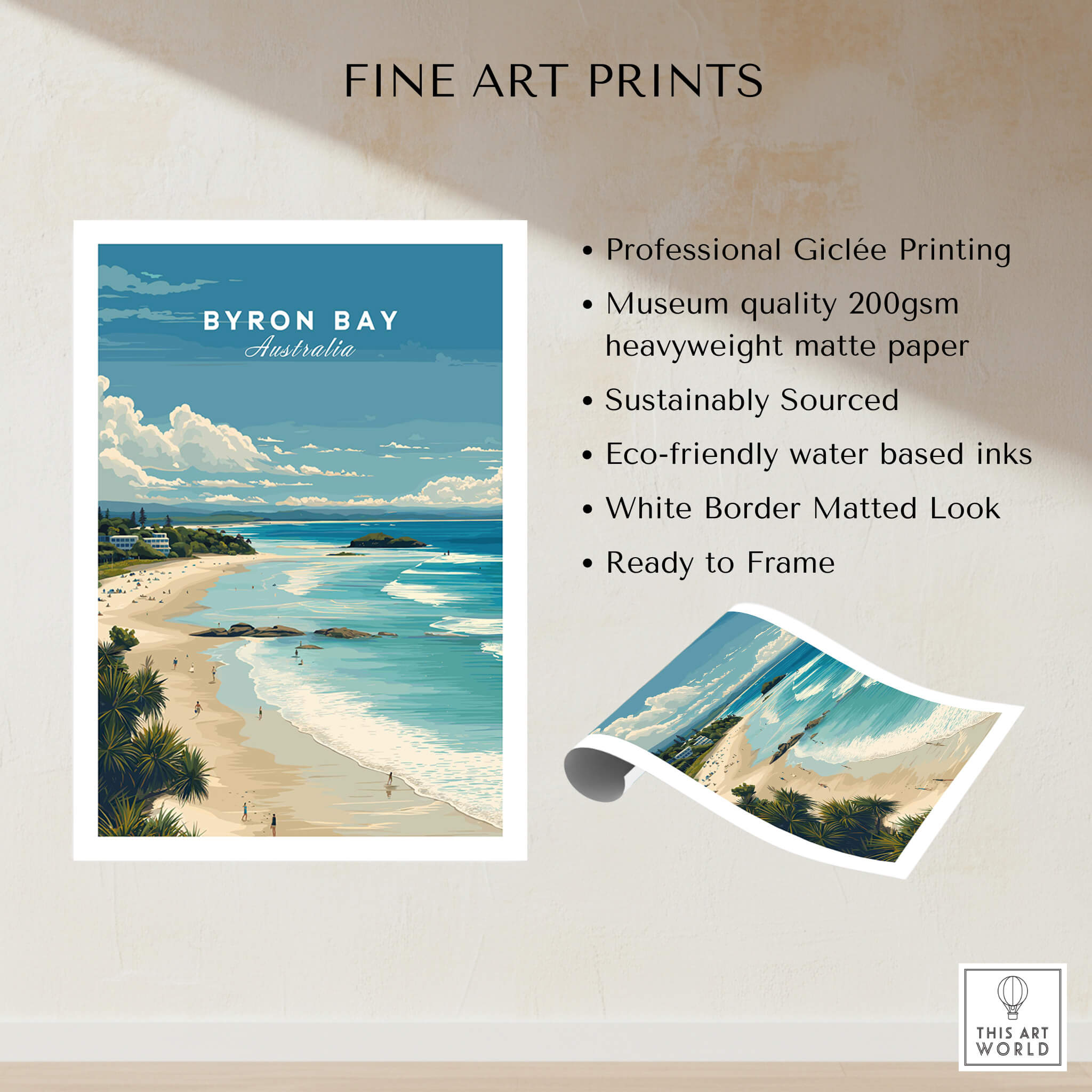Byron Bay Poster - Canvas Beach Print showcasing ocean waves, beaches, and a blue sky with eco-friendly features.