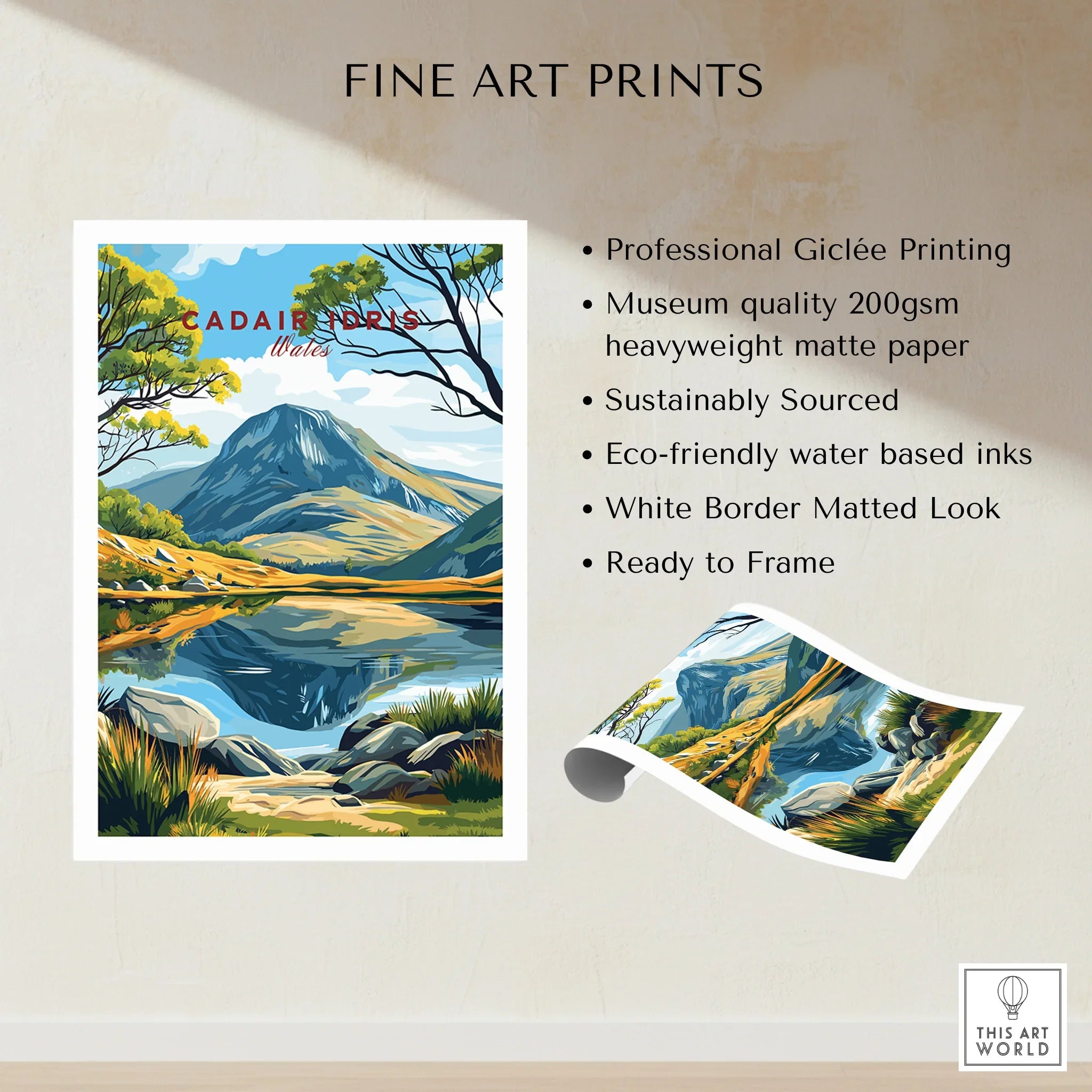 Unframed fine art print of CADAIR IDRIS mountain landscape with lake reflection, ready to frame.