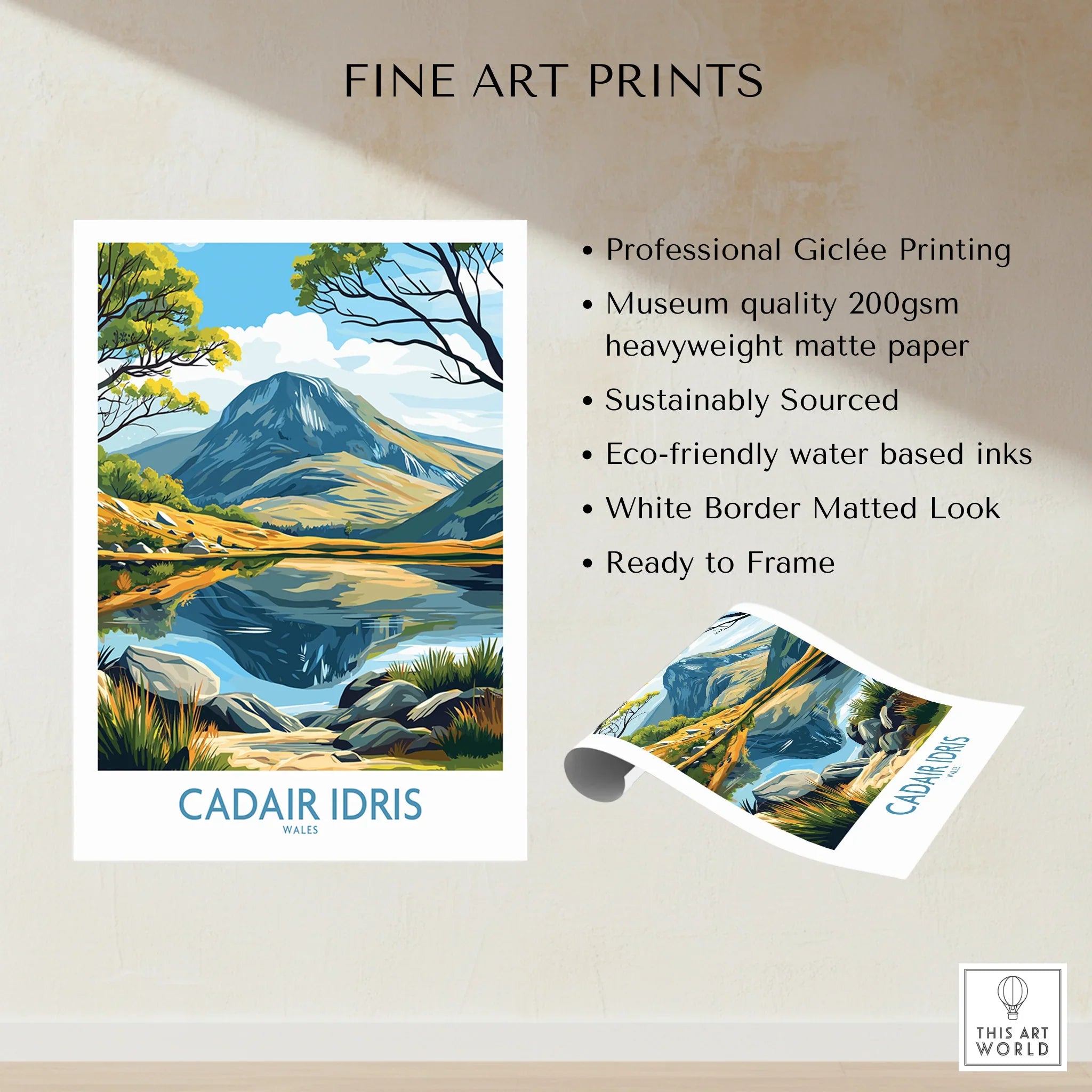 Cadair Idris Wales fine art print with mountain landscape, trees, and reflective lake.