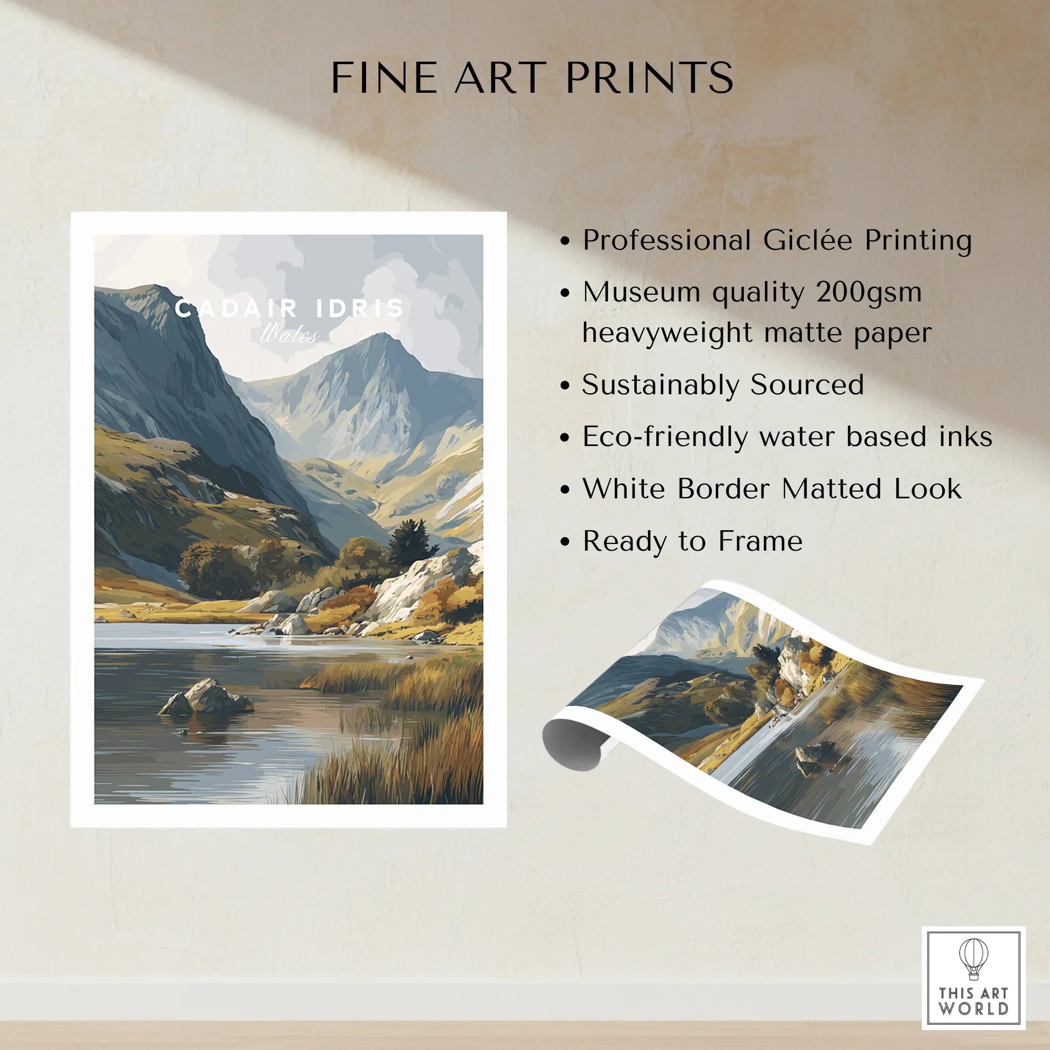 Unframed fine art print of Cader Idris landscape with lake and mountains, white border.