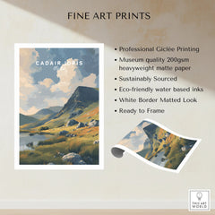 Unframed fine art print of Cadair Idris landscape with mountains, lake, and clouds, ready to frame.