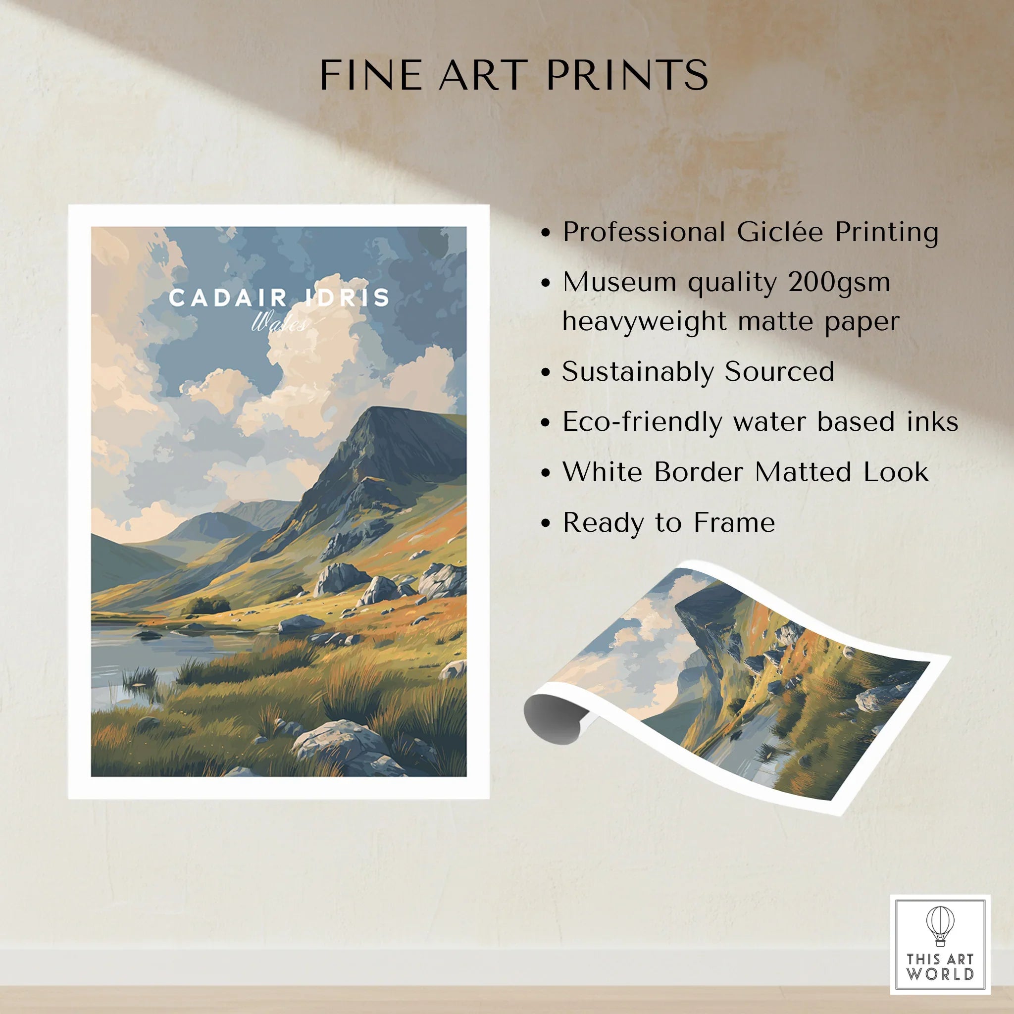 Unframed fine art print of Cadair Idris landscape with mountains, lake, and clouds, ready to frame.