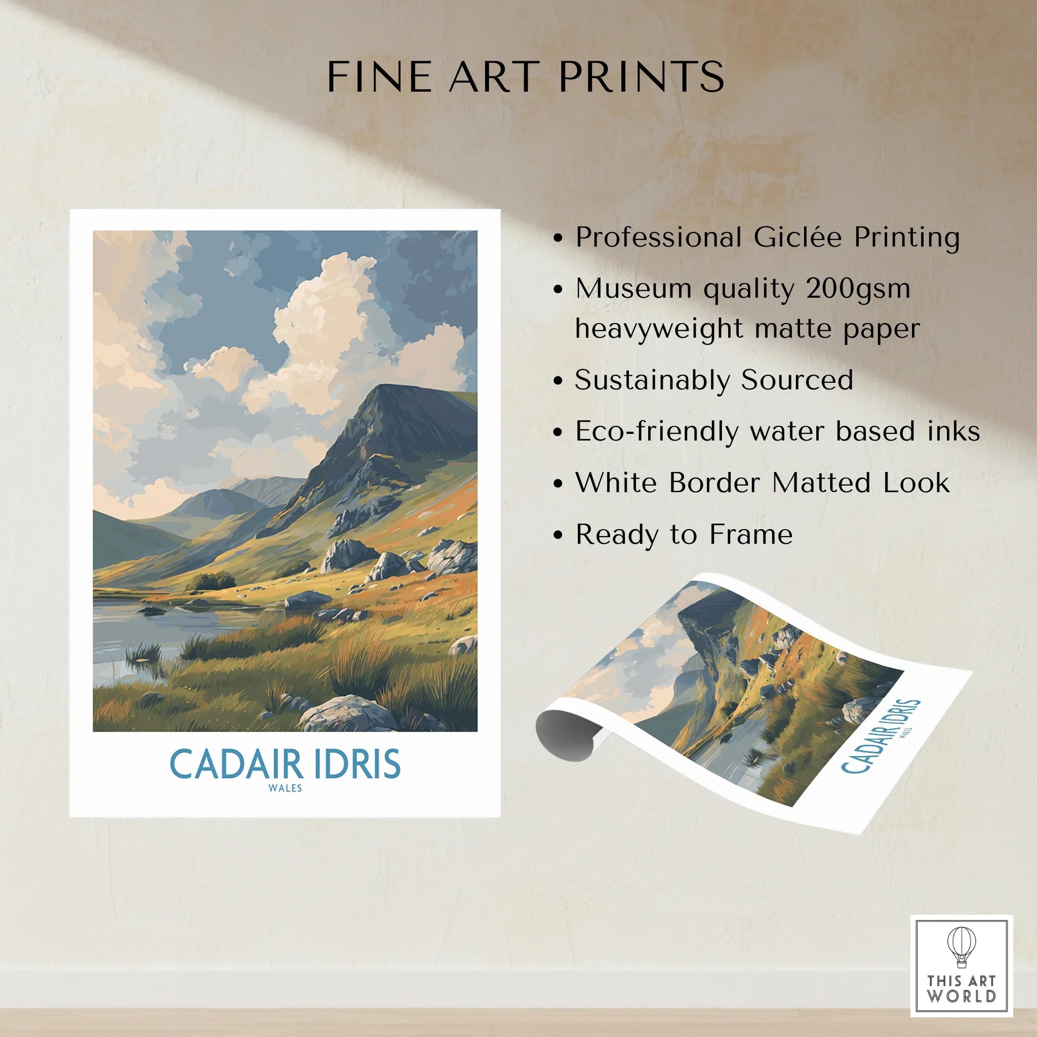 Cadair Idris Wales fine art print featuring a scenic mountain landscape with lake, unframed and museum quality.