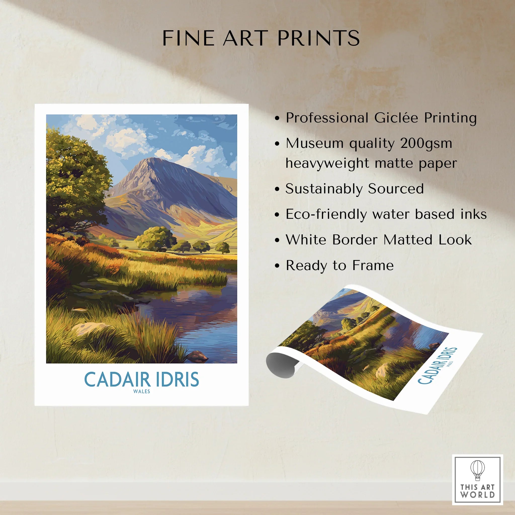 Cadair Idris Wales art print showing a scenic mountain, lake, and landscape, unframed, matte finish.