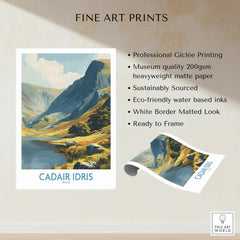 Unframed Cadair Idris Wales art print with mountain landscape, matte finish, eco-friendly inks.