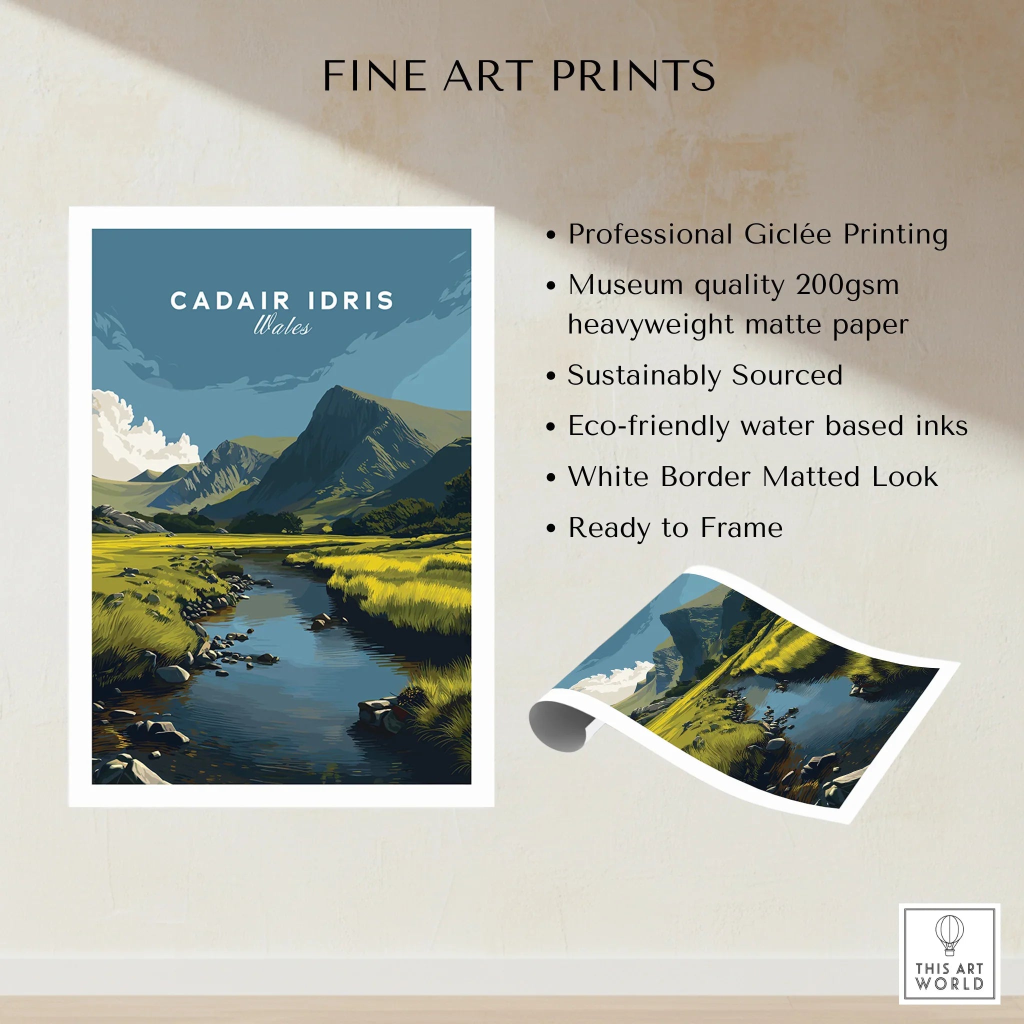 Cadair Idris Wales travel poster print, mountain landscape art with river, unframed quality details.
