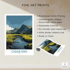 Fine art print of Cadair Idris, Wales landscape with river, mountains, and green fields.