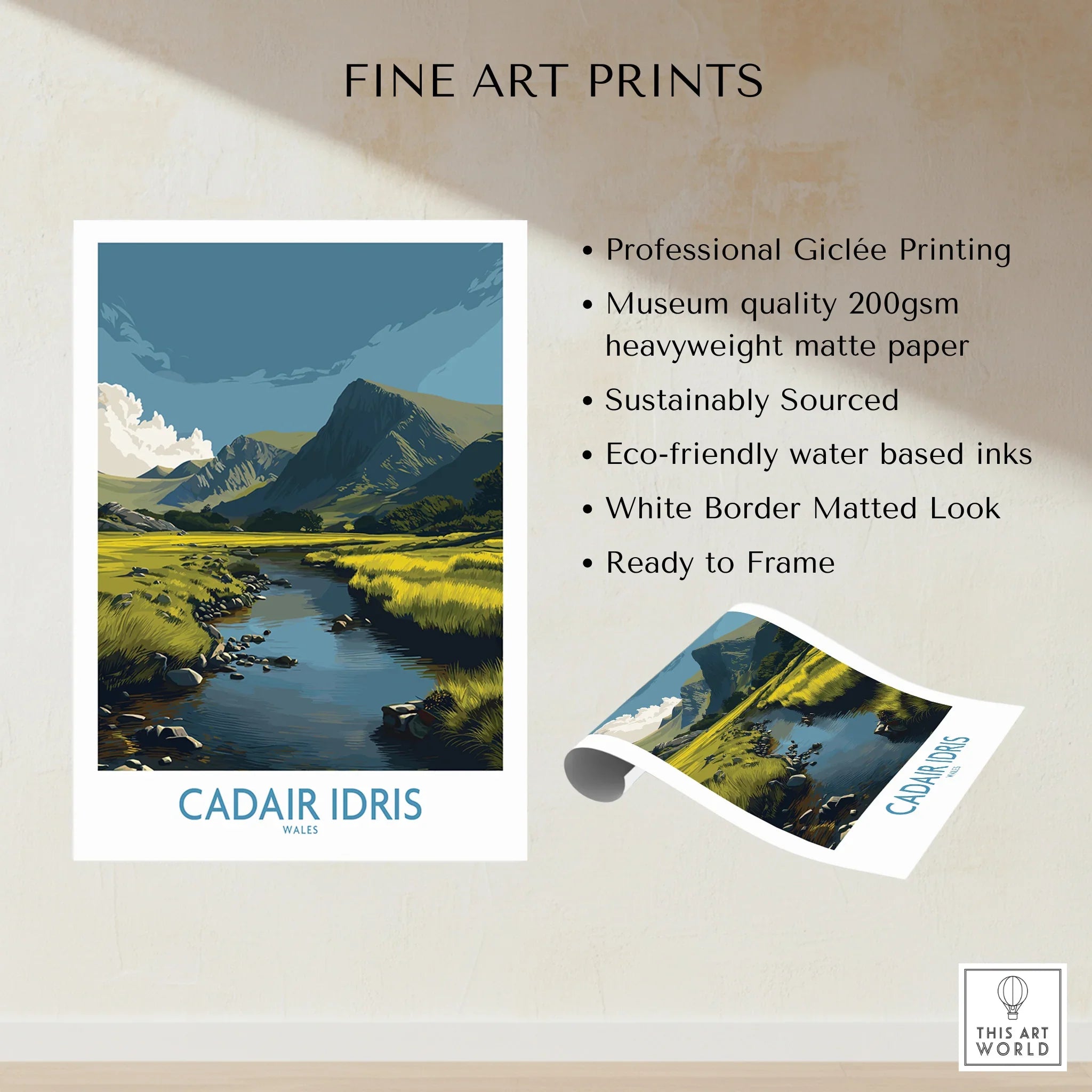 Fine art print of Cadair Idris, Wales landscape with river, mountains, and green fields.