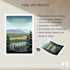 Cairngorms National Park fine art print with illustrated landscape, stag, and pine trees.