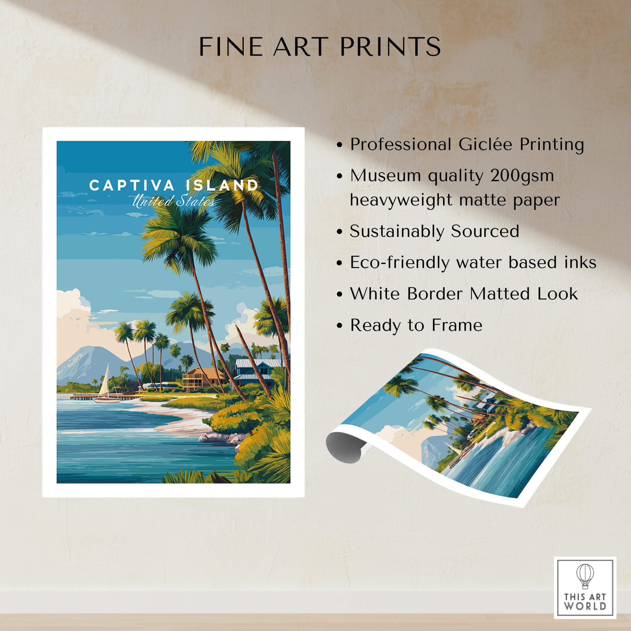 Captiva Island Travel Poster – Florida Beach Houses and Palm Trees Art featuring vibrant coastal scenery and palm trees.