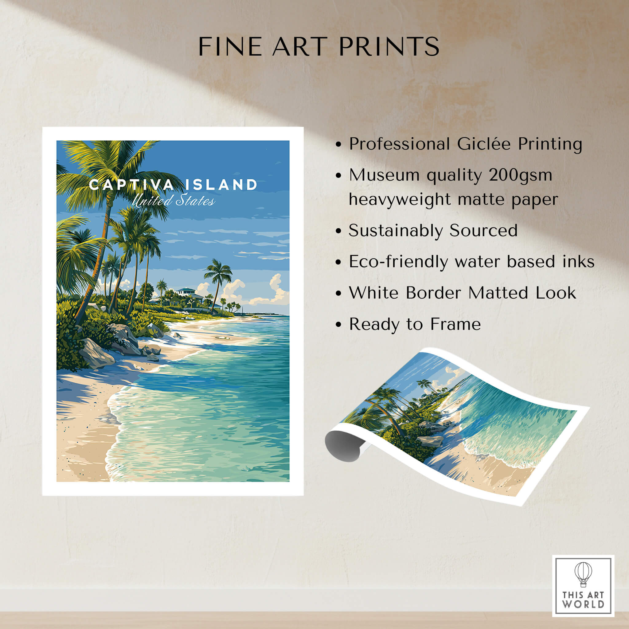 Captiva Island Travel Poster – White Sand Beach and Turquoise Water Art featuring vibrant coastal scenery and palm trees.