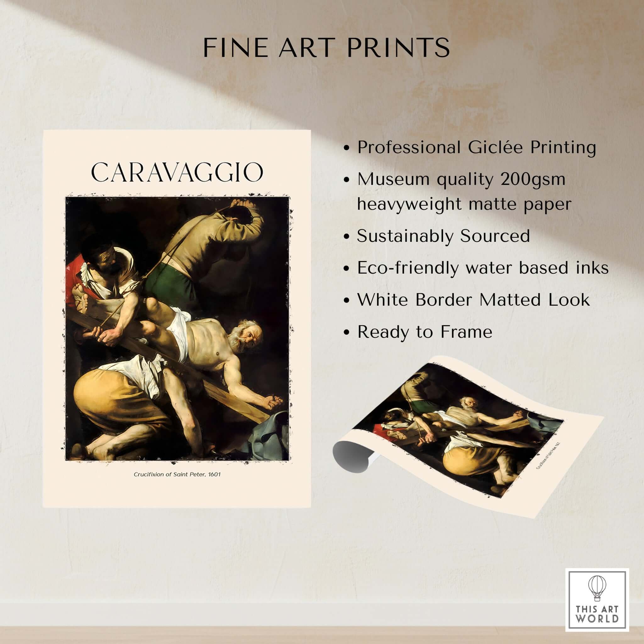 Caravaggio Art Print - Crucifixion of Saint Peter 1601 displayed with fine art print features and specifications.