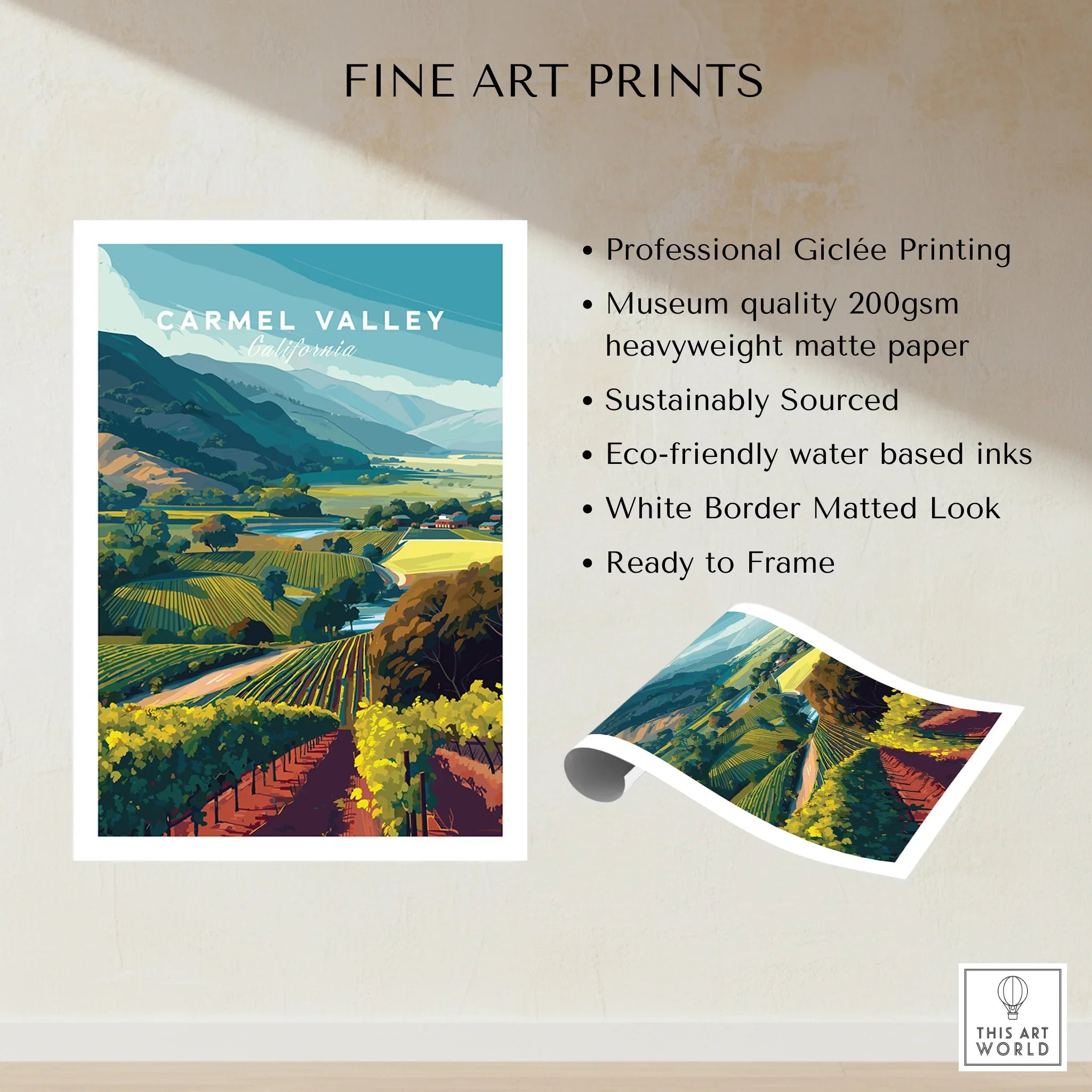 Carmel Valley California art print with scenic vineyard landscape, unframed fine art poster