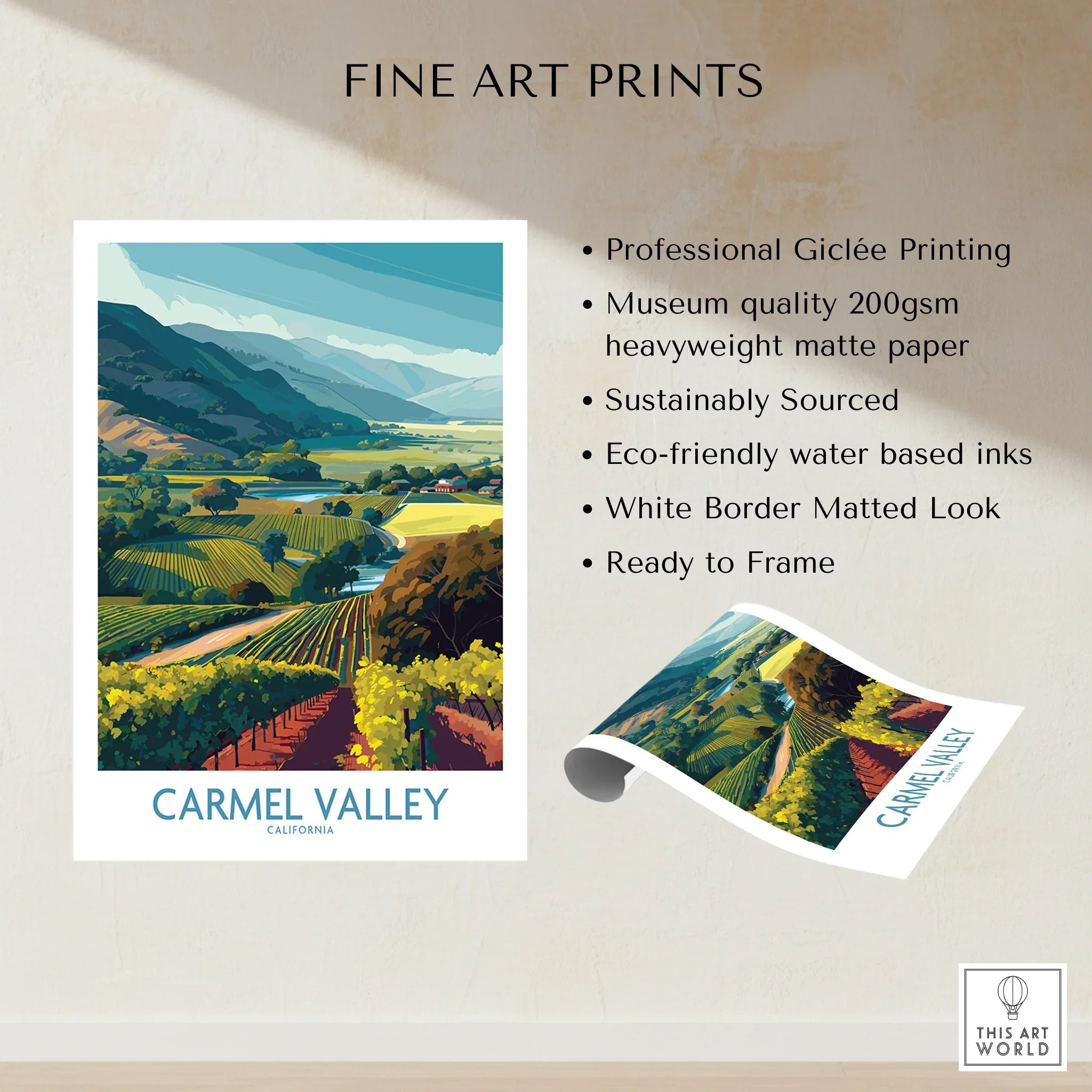 Carmel Valley art print with colorful vineyard landscape, unframed, matte paper, ready to frame.