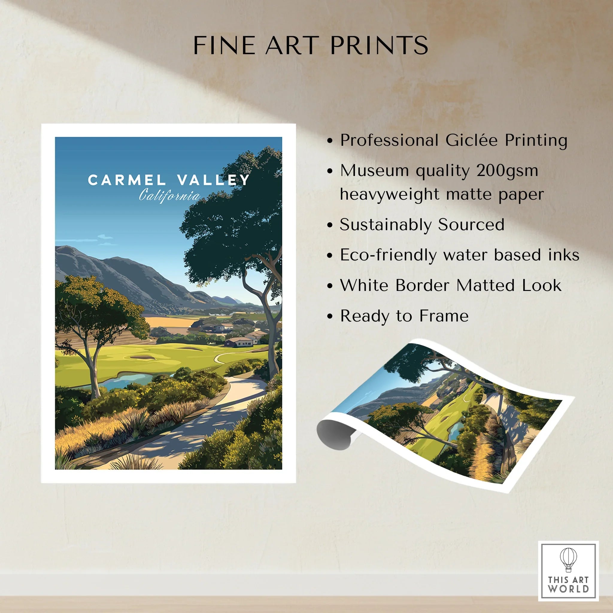 Carmel Valley California fine art print with scenic landscape, unframed quality details