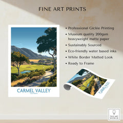 Carmel Valley art print featuring scenic landscape with trees, mountains, and winding path