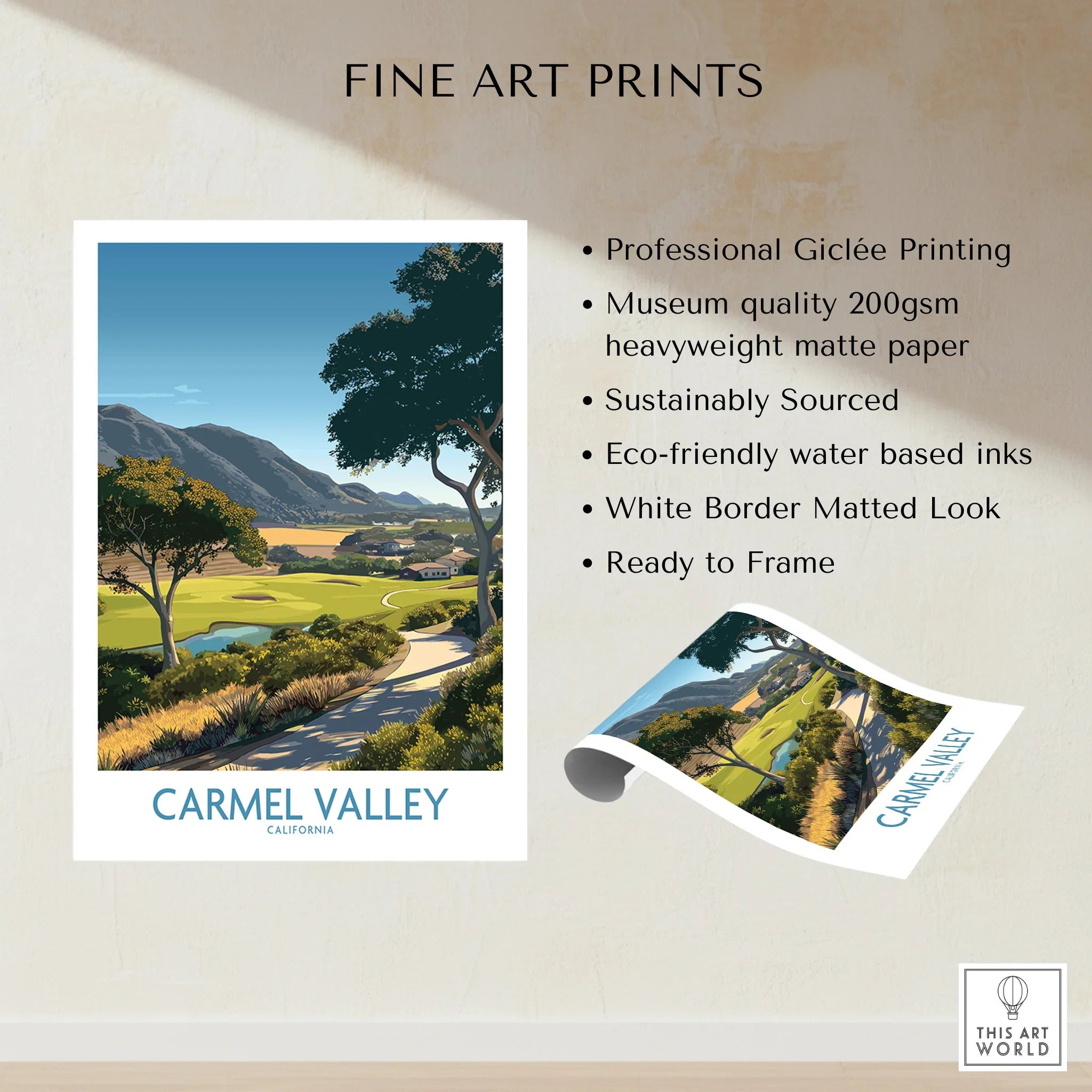 Carmel Valley art print featuring scenic landscape with trees, mountains, and winding path