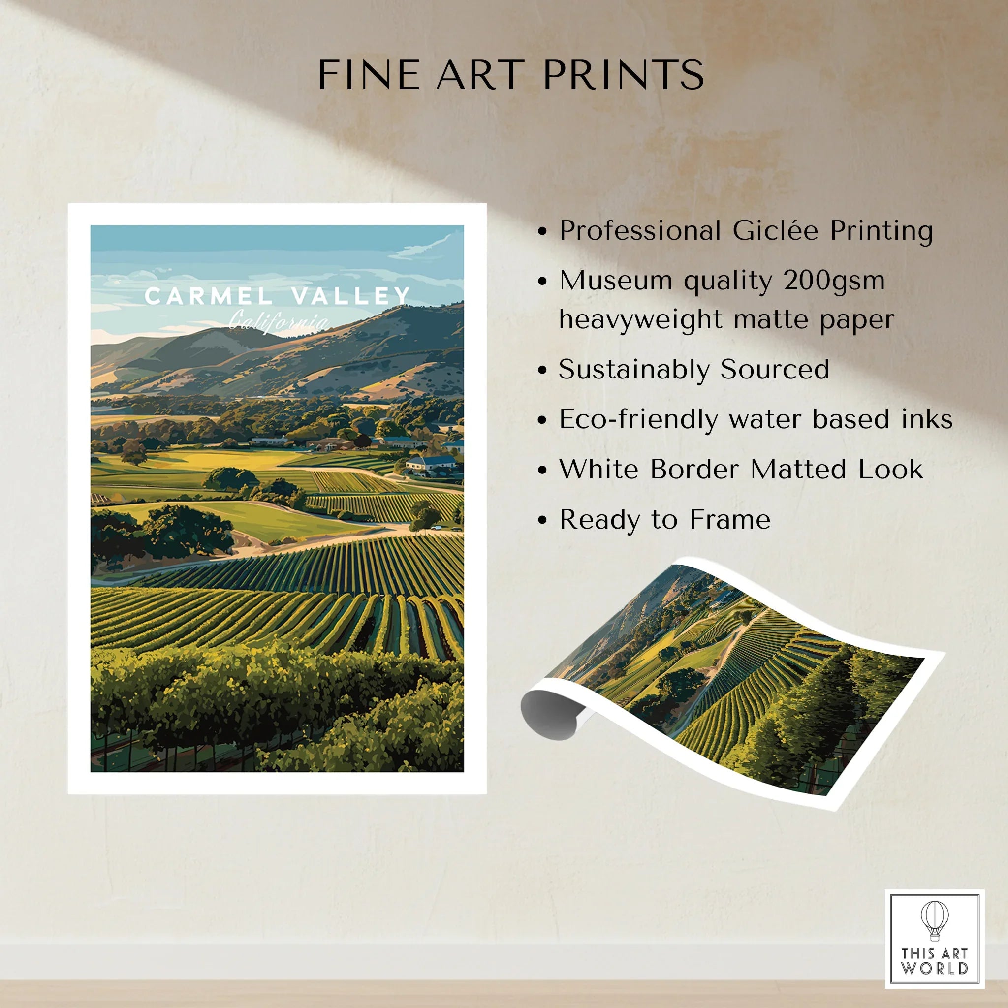 Carmel Valley fine art print of vineyard landscape, unframed, with quality details listed.