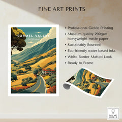 Carmel Valley California travel poster art print with scenic mountain landscape.