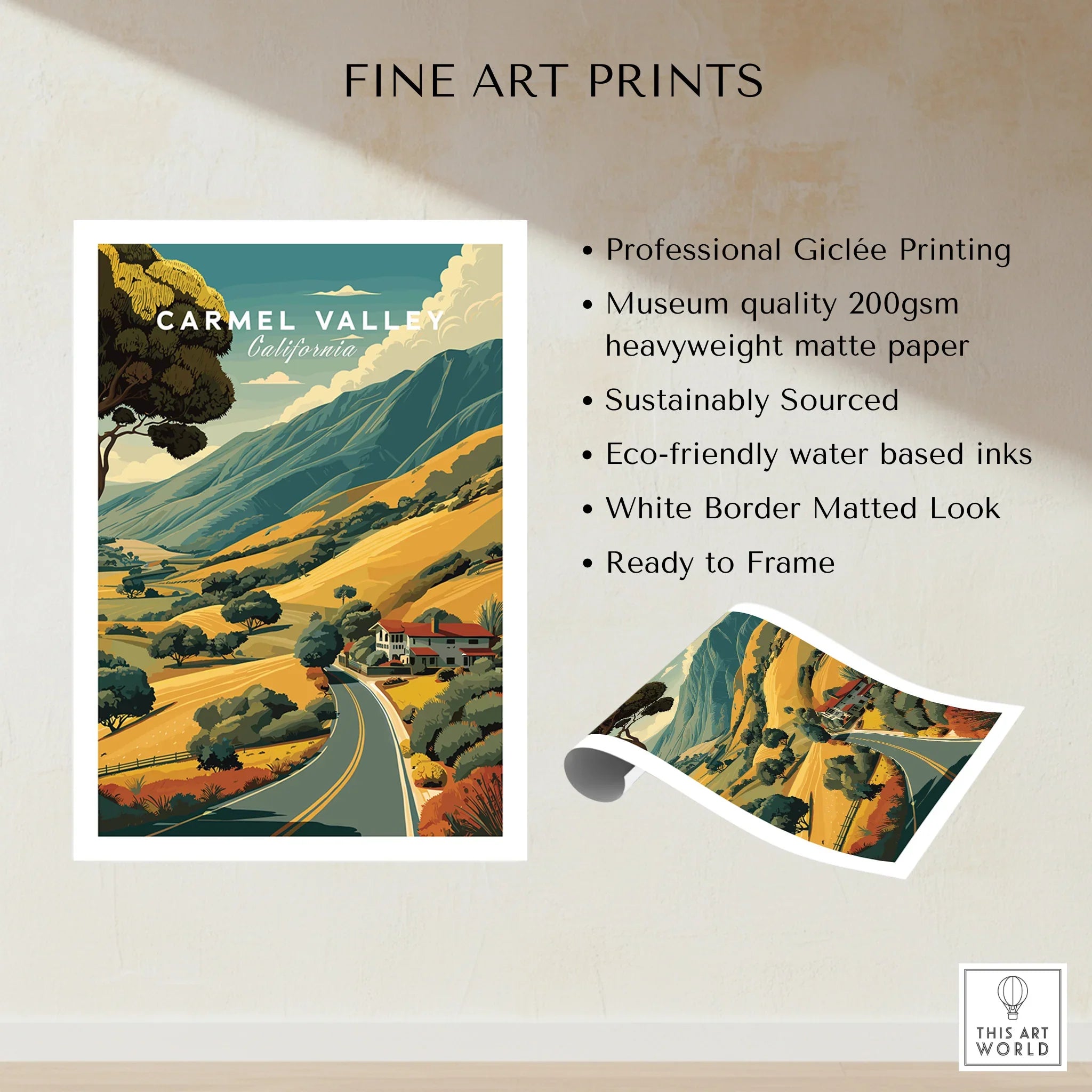 Carmel Valley California travel poster art print with scenic mountain landscape.