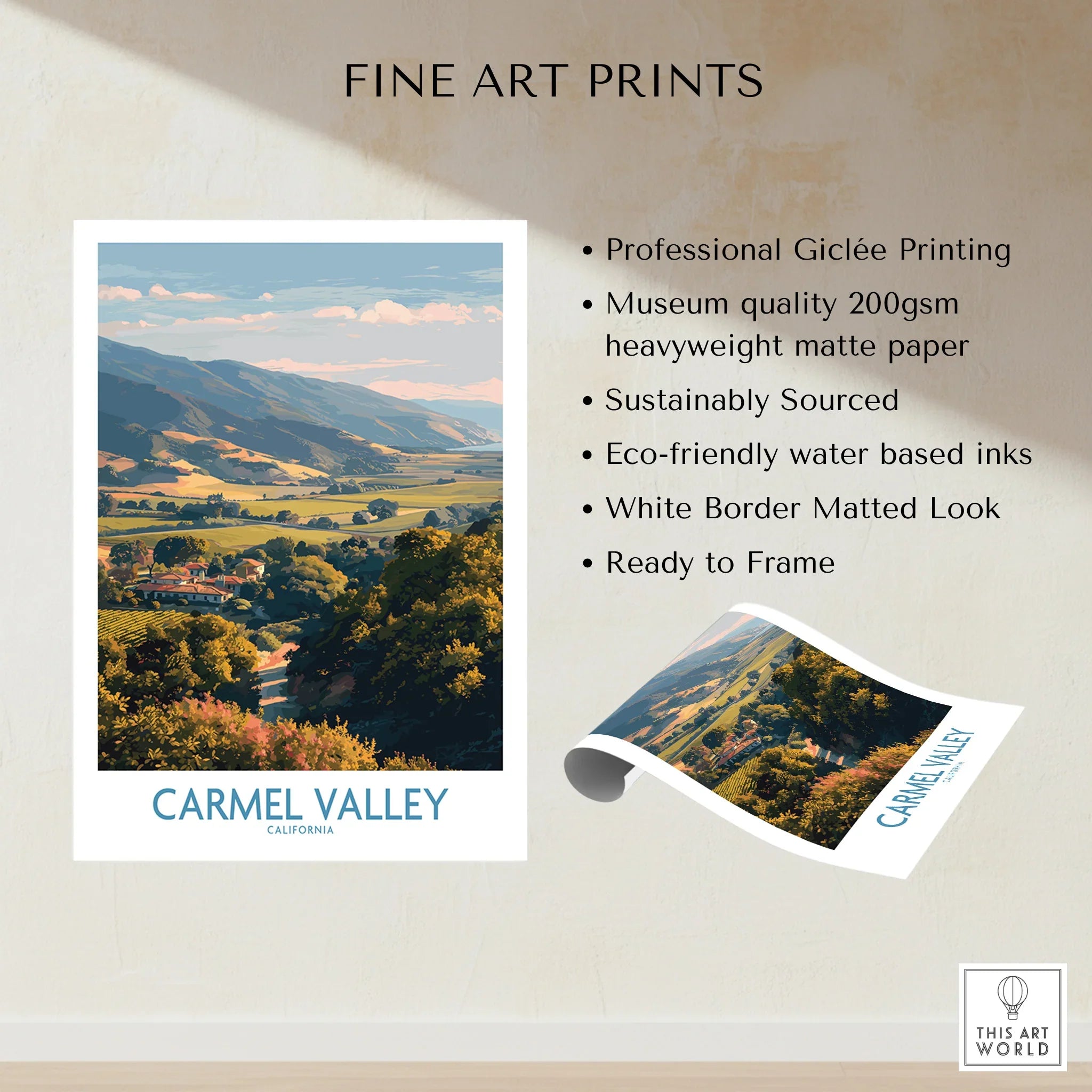 Carmel Valley California art print featuring scenic landscape, unframed and ready to frame.
