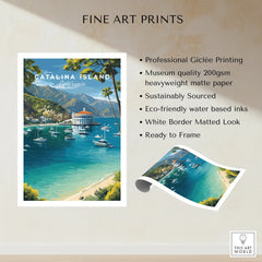 Catalina Island travel poster print featuring ocean, boats, mountains, and unframed art details.