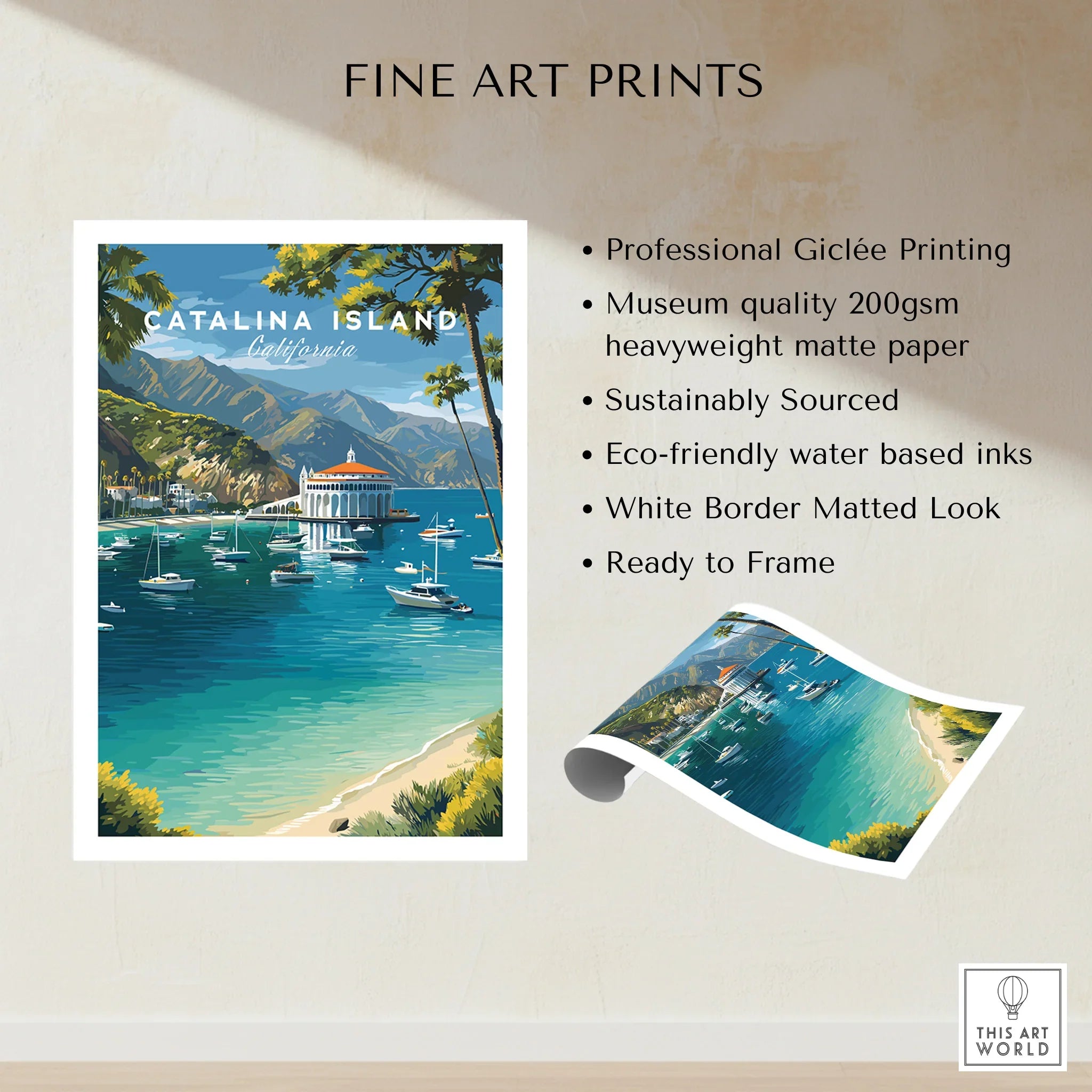 Catalina Island travel poster print featuring ocean, boats, mountains, and unframed art details.