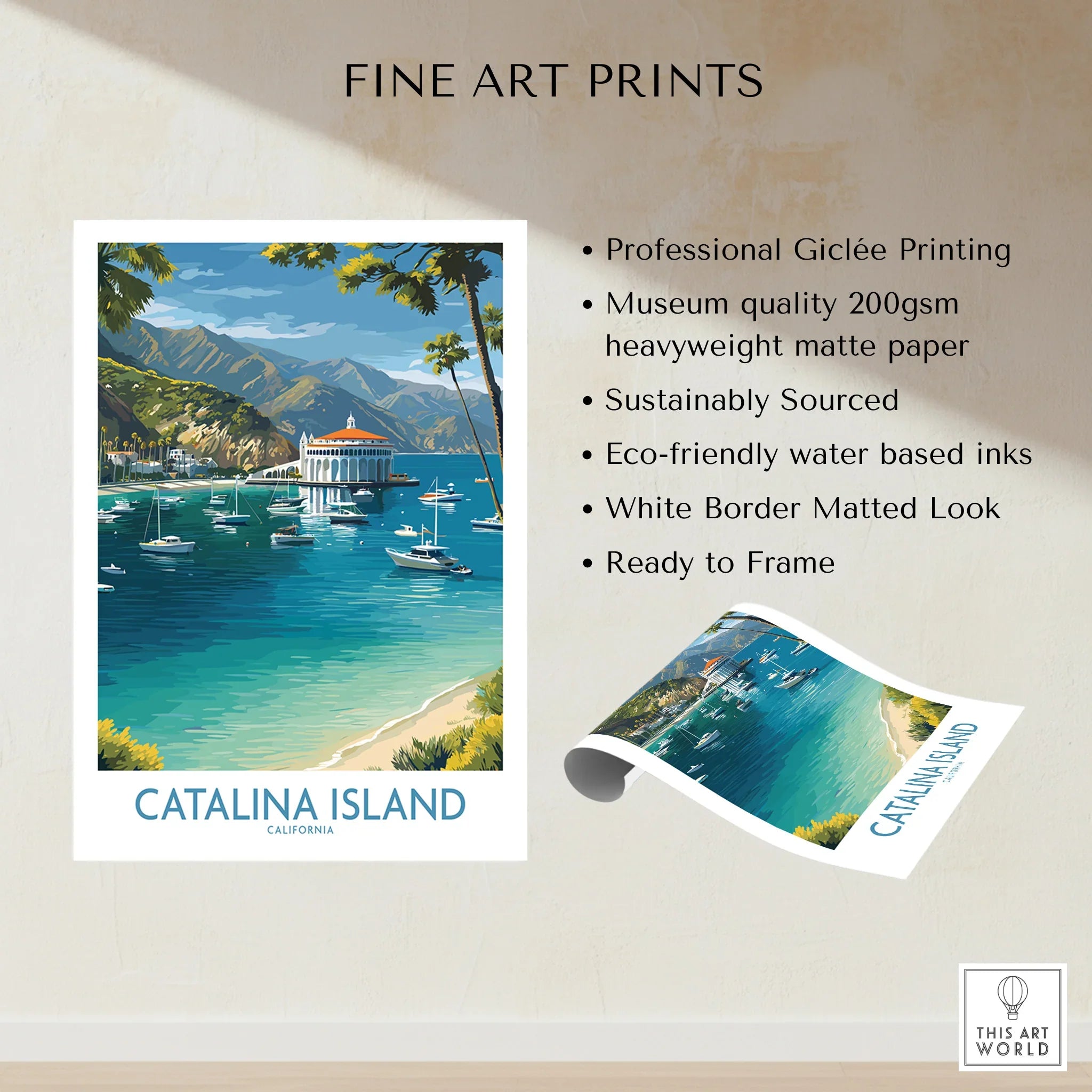 Catalina Island art print featuring coastal scenery, boats, mountains, and fine art print details.