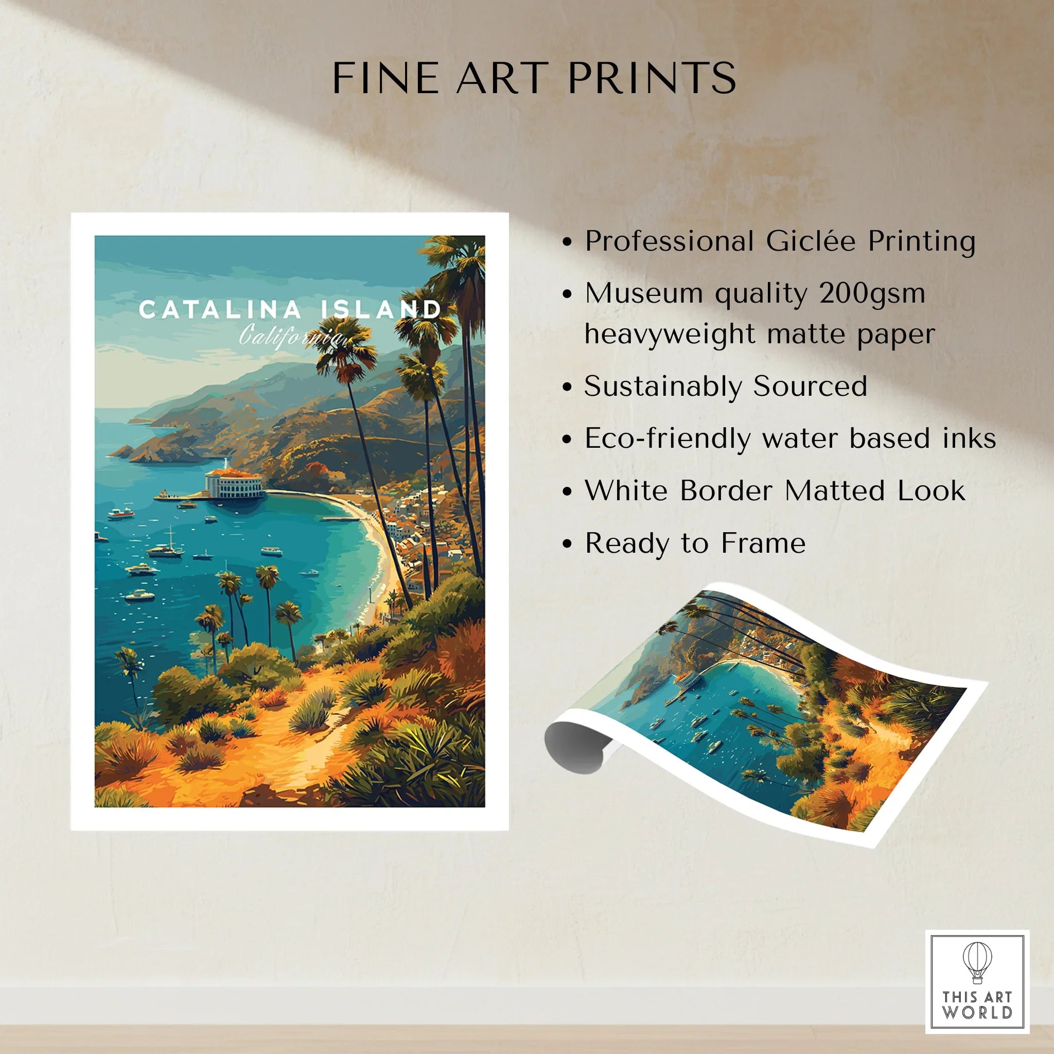 Catalina Island California art print with ocean, boats, palm trees, and vibrant coastal scene