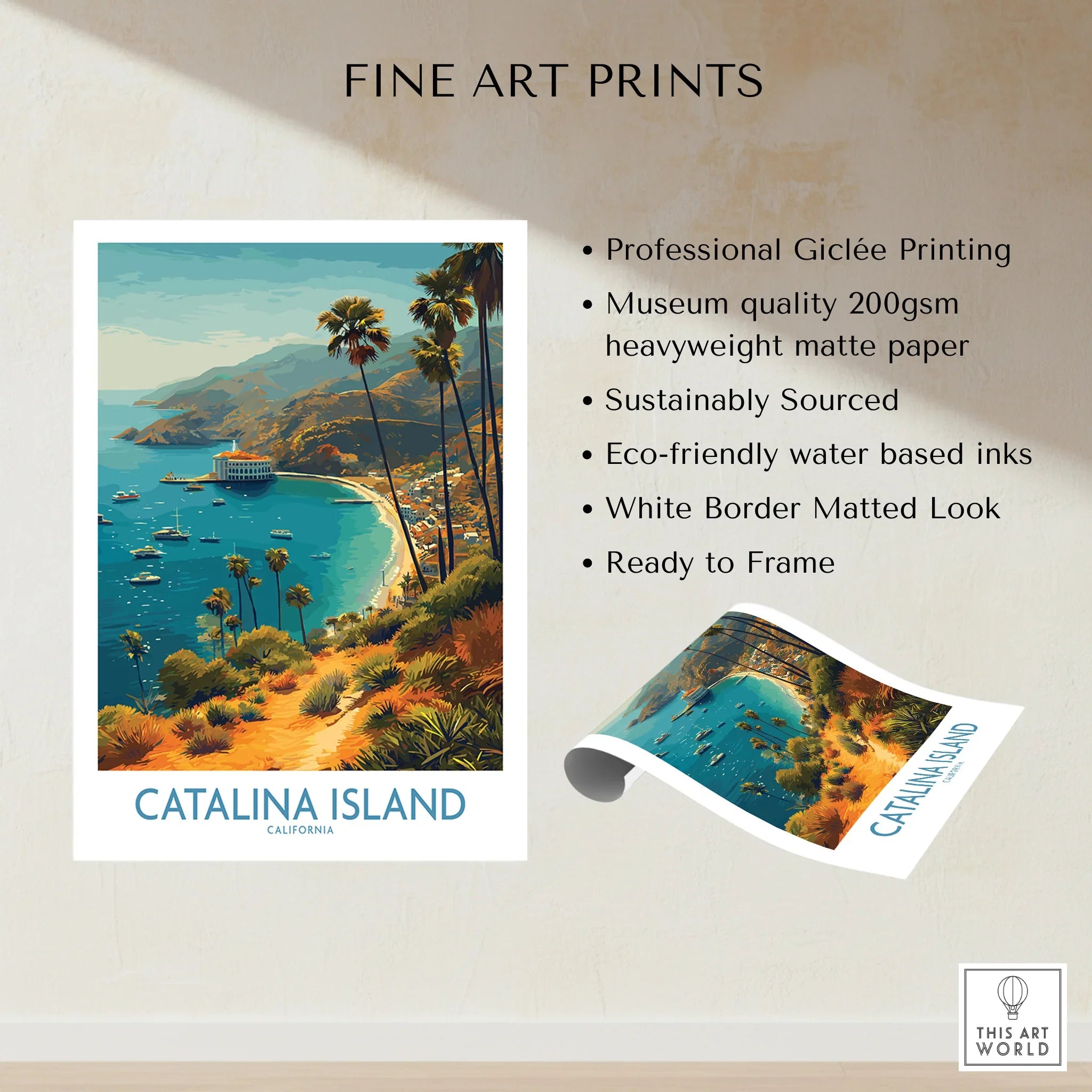 Catalina Island travel poster art print with palm trees, blue ocean, and coastal landscape