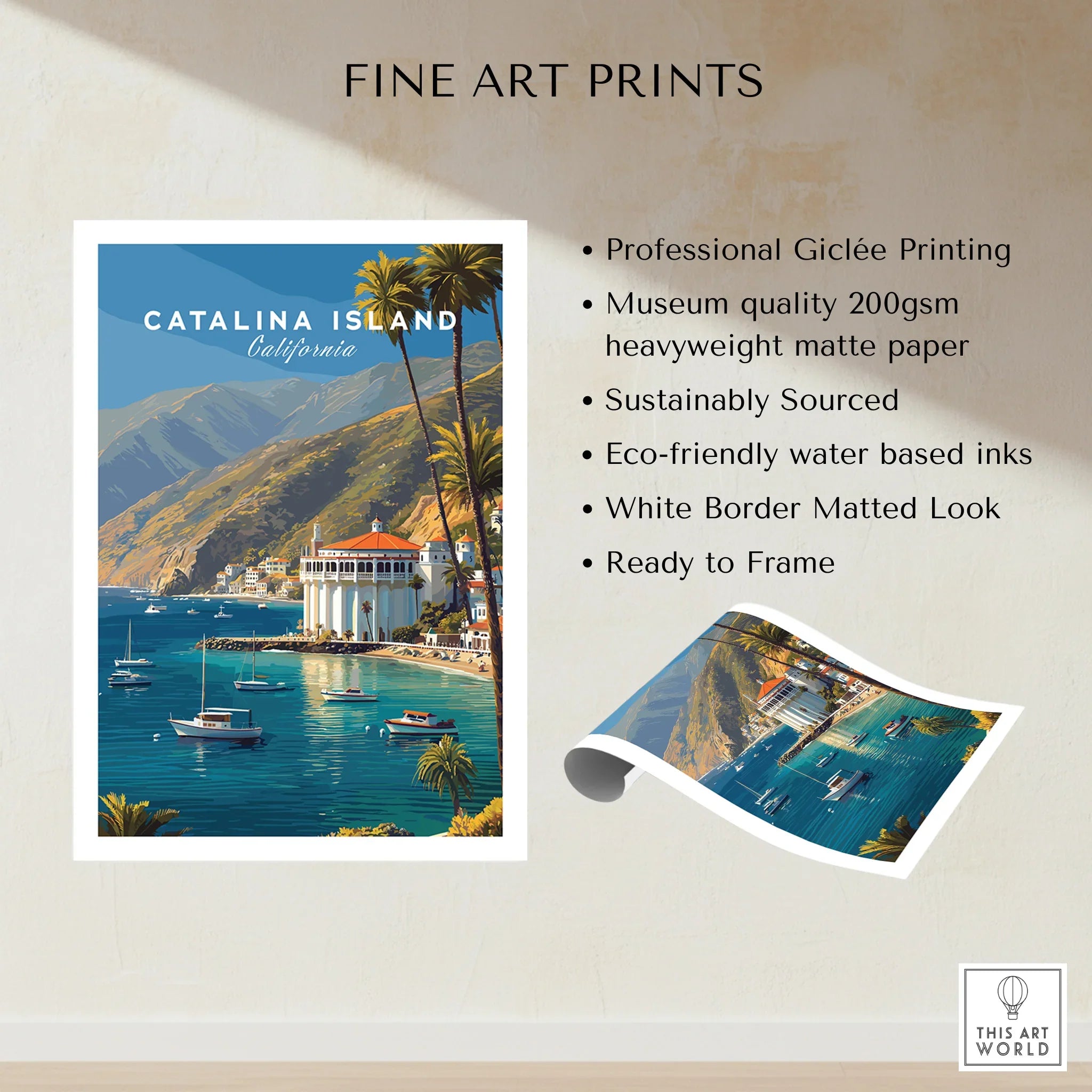 Catalina Island California fine art print with scenic coastal view and boats, unframed poster