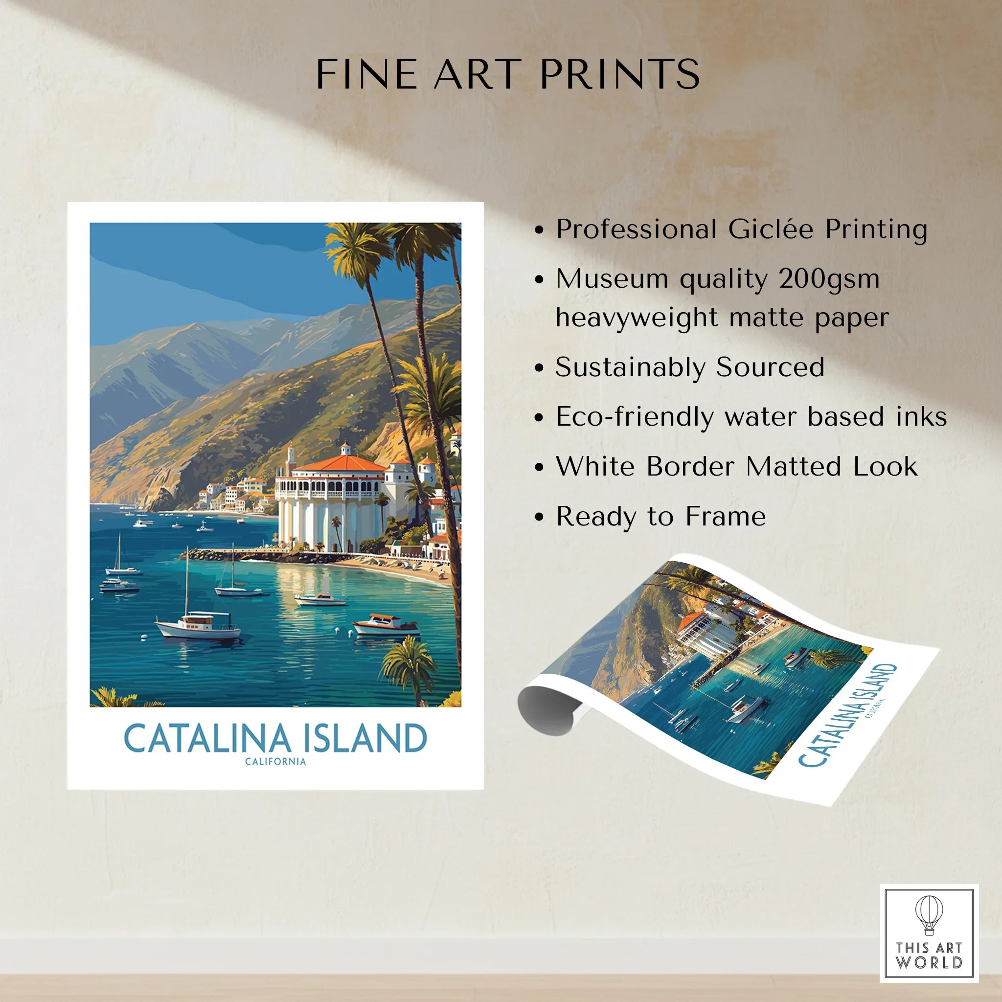 Catalina Island art print with boats, coastal scenery, and fine art print product features.