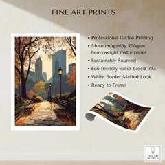 Unframed Central Park art print with autumn path, city skyline, and benches, museum-quality paper
