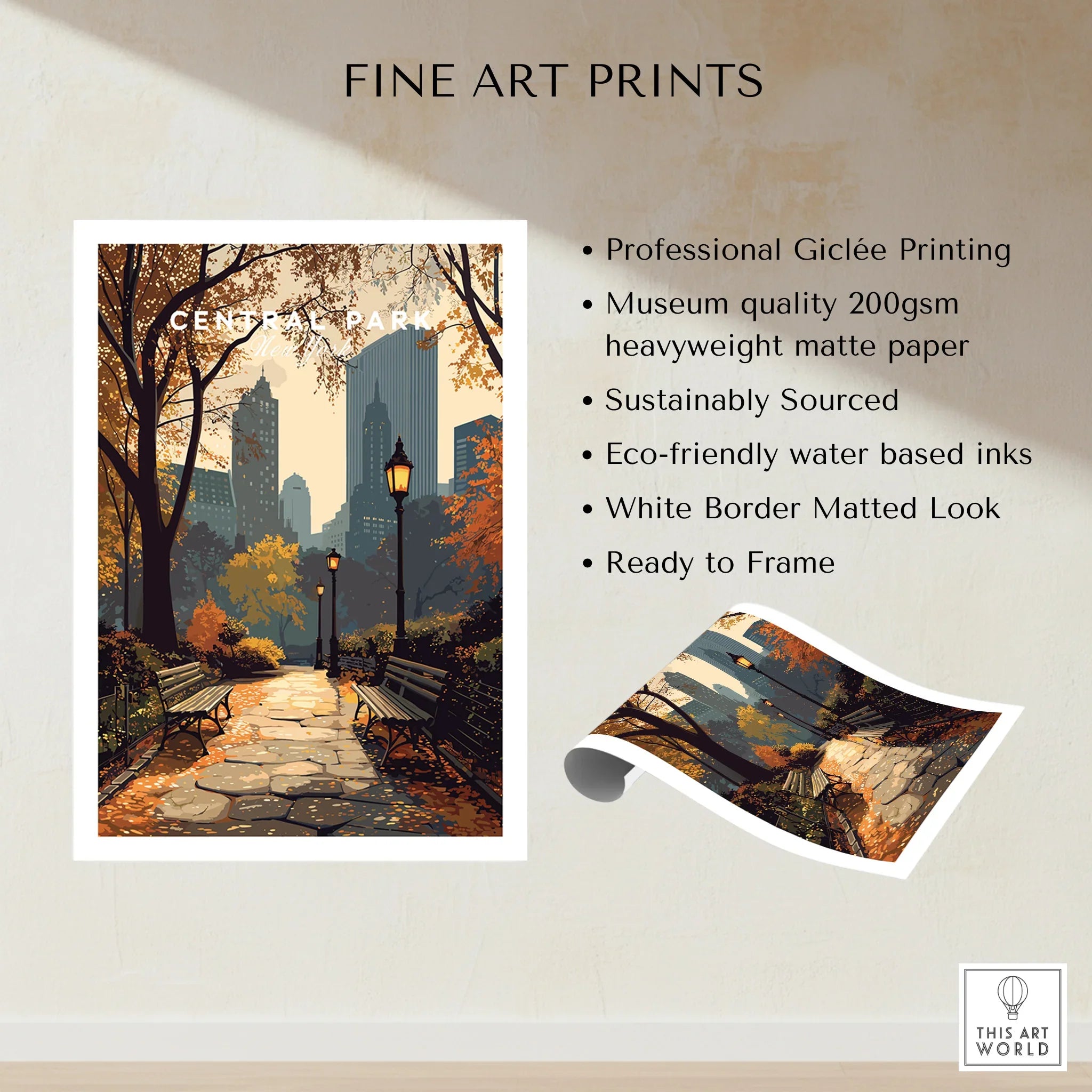 Unframed Central Park art print with autumn path, city skyline, and benches, museum-quality paper