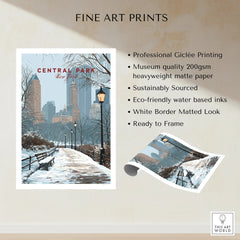 Central Park winter fine art print featuring snowy path, city skyline, and vintage lamp posts.