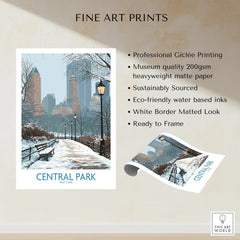 Central Park New York fine art print with snowy city skyline, unframed, white border, ready to frame
