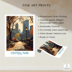 Central Park art print featuring autumn pathway, city skyline, and park benches, unframed.