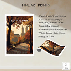 Central Park New York fine art print with autumn city skyline, quality unframed wall art poster