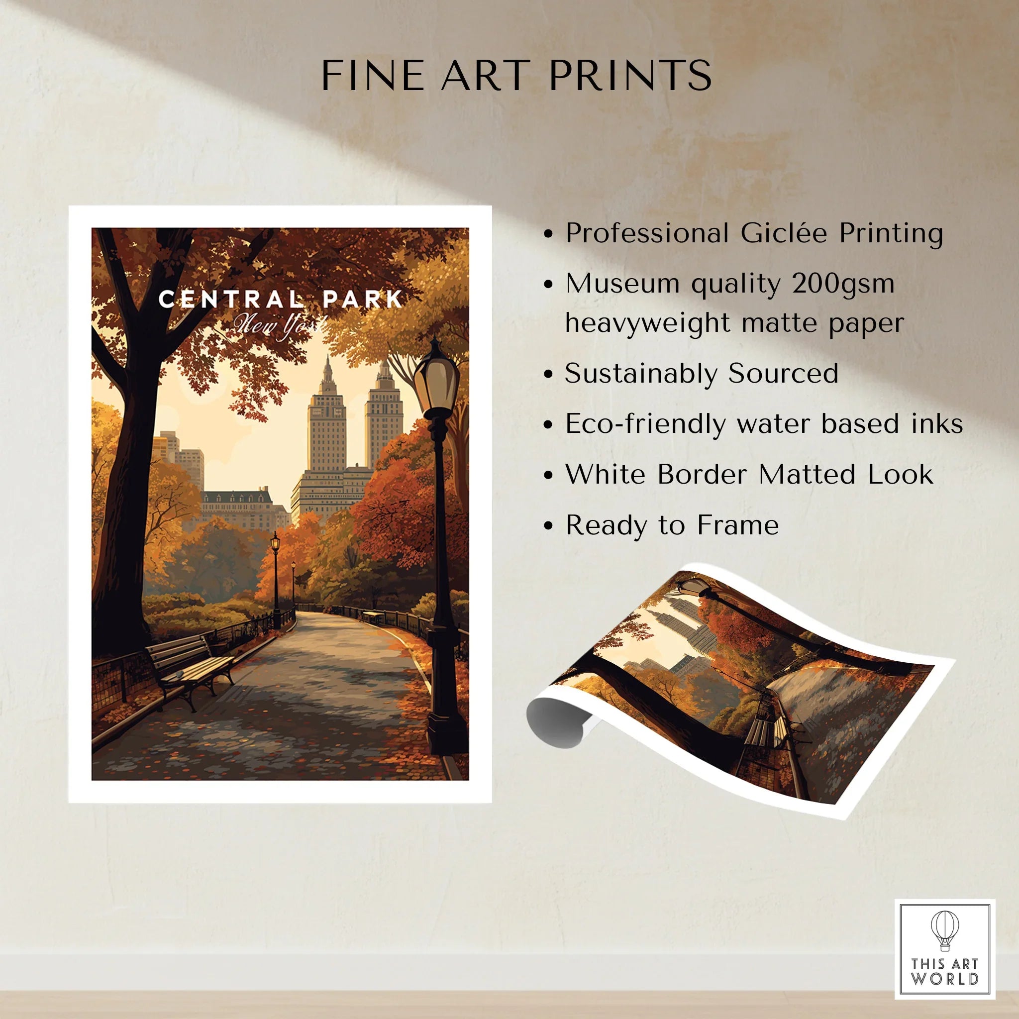 Central Park New York fine art print with autumn city skyline, quality unframed wall art poster