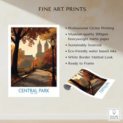 Central Park New York fine art print featuring a fall cityscape with autumn trees, benches, and skyline.