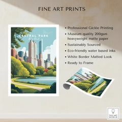 Central Park New York fine art print with city skyline, trees, and informational details.