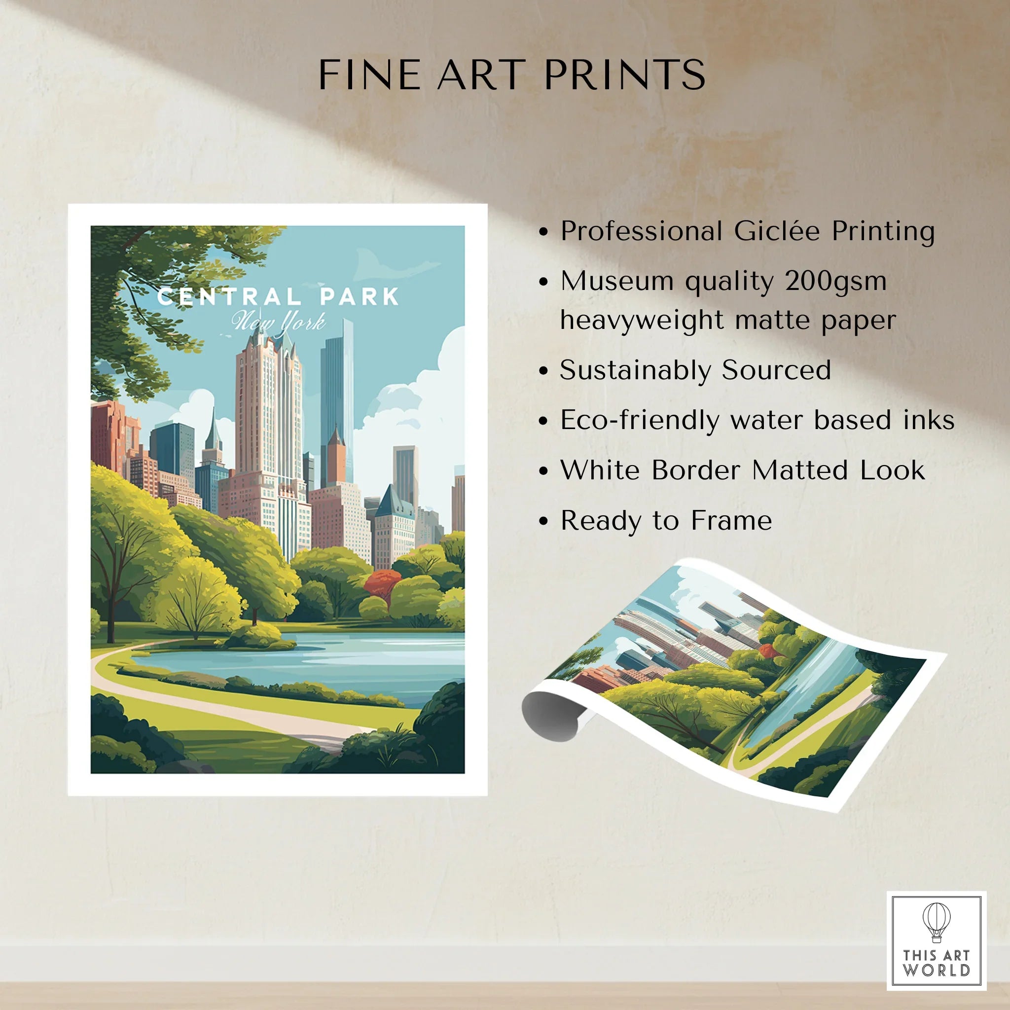 Central Park New York fine art print with city skyline, trees, and informational details.
