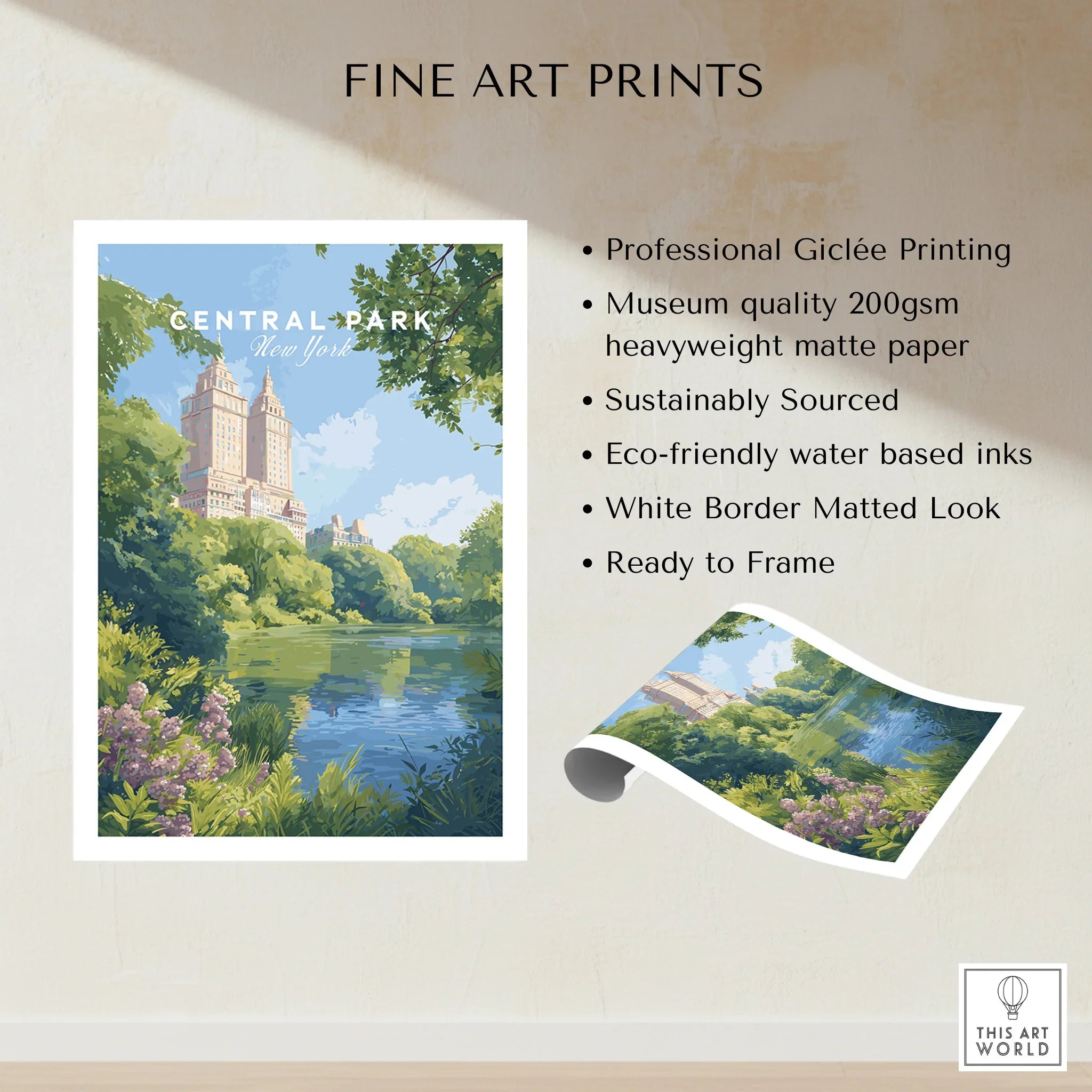 Central Park New York fine art print with city skyline, greenery, pond, and white border.