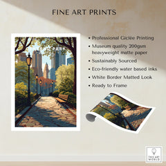 Central Park fine art print with city skyline, park benches, and tree-lined pathway, unframed.